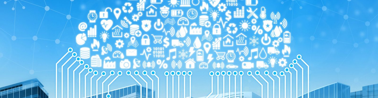 Cloud shaped set of icons with symbols of services, activities and applications connecting the skyline of a smart city with skyscrapers and buildings: intelligent building automation and  facility management  communicating through the Internet of Things and cloud computing. Cloud is connected to the buildings by paths and vectors with glowing nodes. Digital generated buildings on blue sky. All icons were expressly designed for these illustrations.
